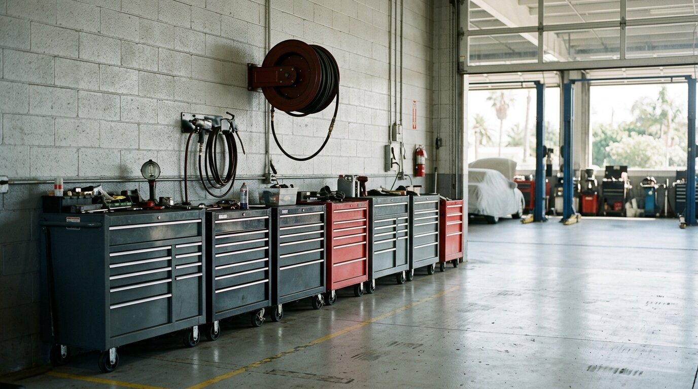 Illustrated — rolling tool chests along a block wall, lifts in the bay beyond