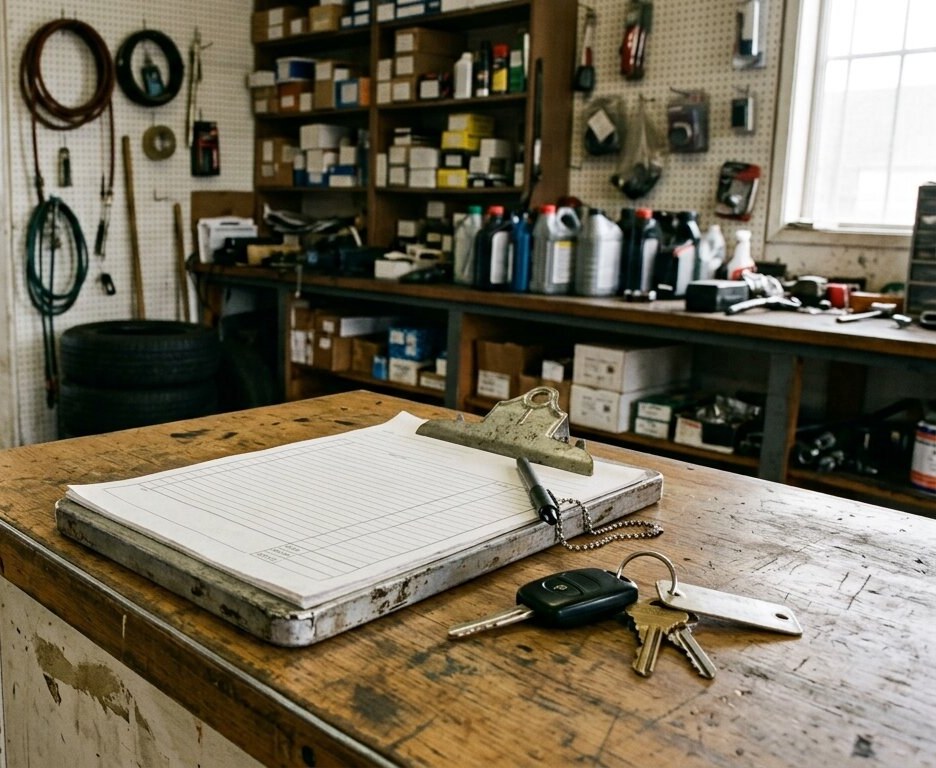 Illustrated — a work order clipboard and car keys on the shop counter