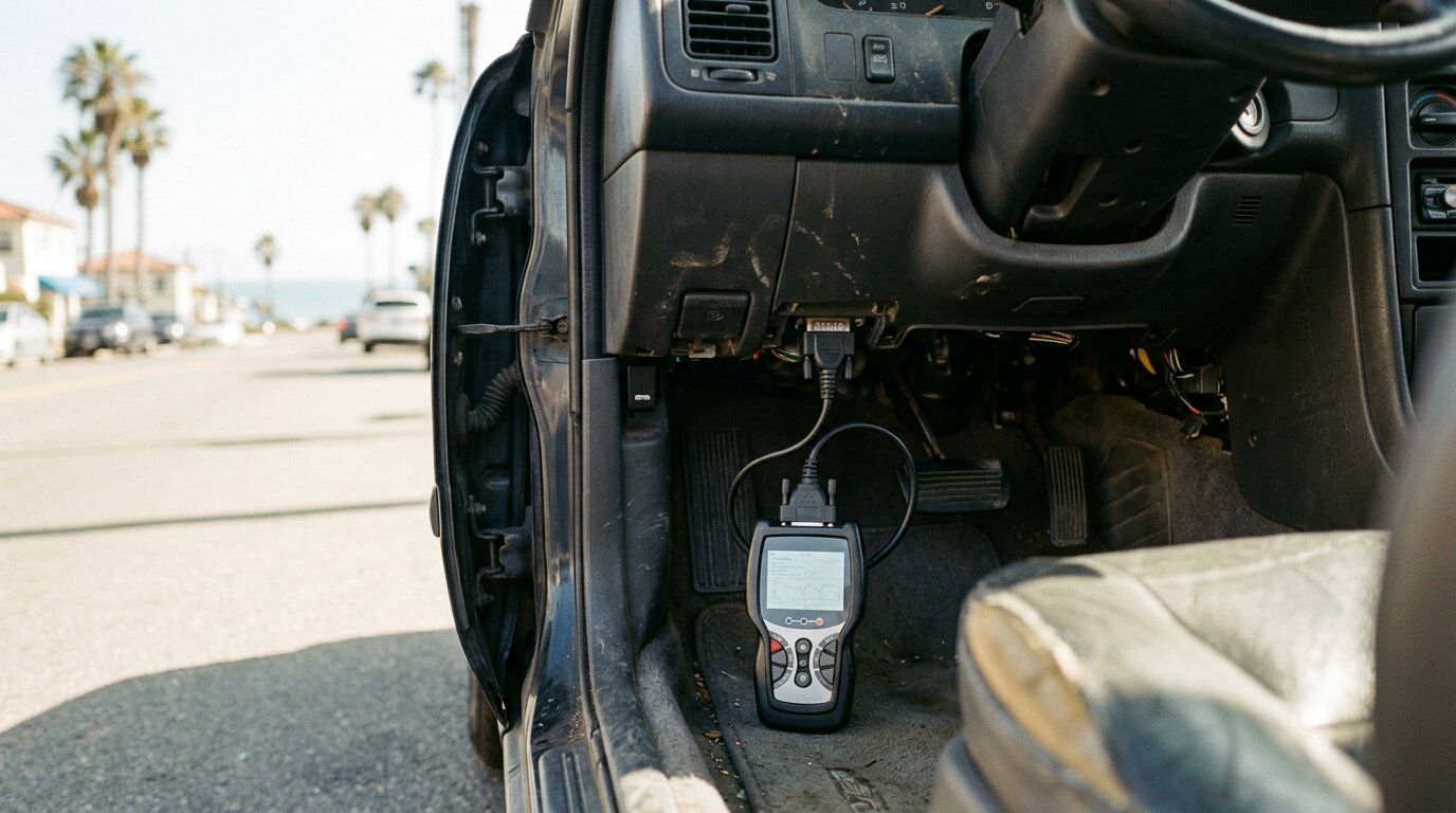 Illustrated — a handheld scan tool connected to the diagnostic port under the dash