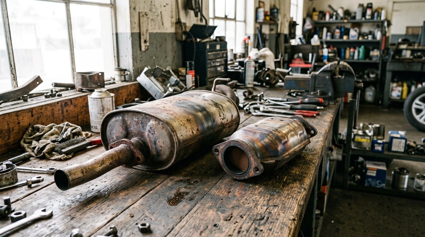 Illustrated — a used muffler and catalytic converter on a workbench