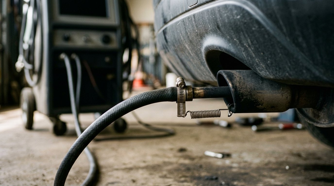 Illustrated — an emissions test hose clamped to a car's tailpipe, the test cart behind