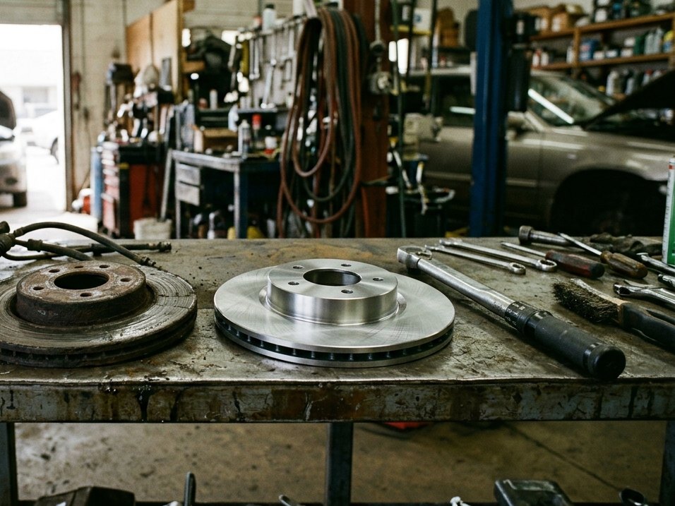 Illustrated — a worn brake rotor beside a new rotor on a steel workbench