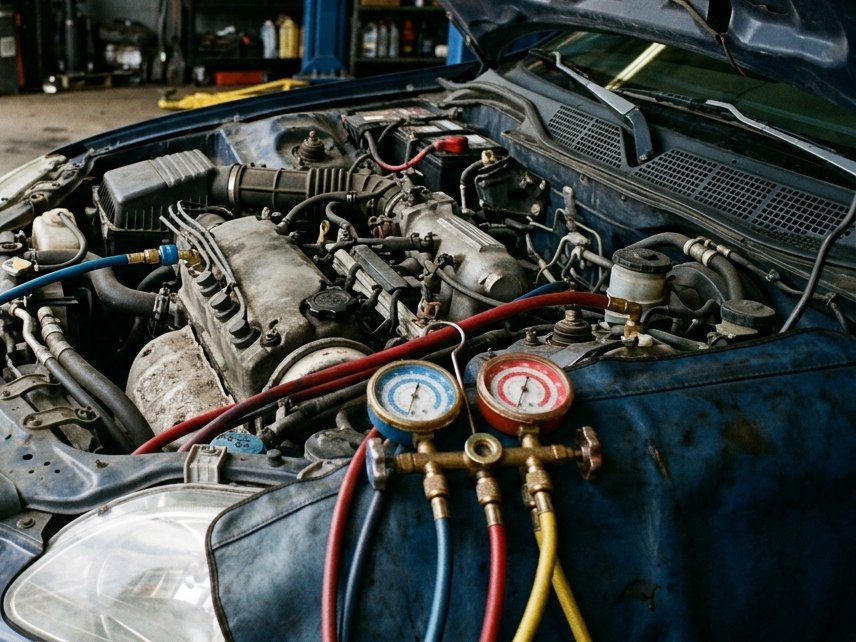 Illustrated — red and blue A/C gauge hoses connected in an open engine bay