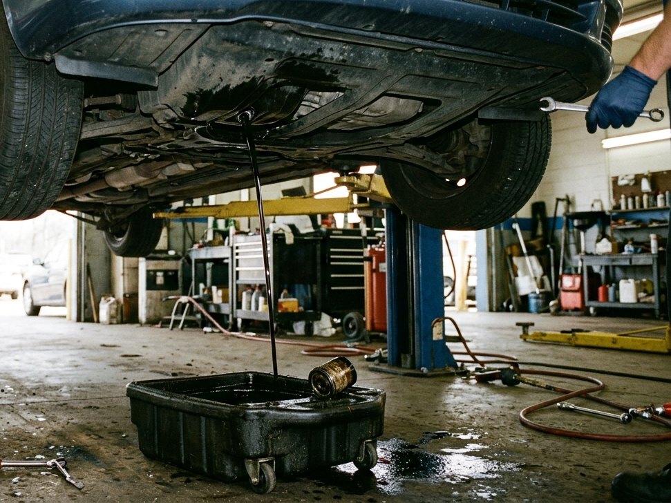 Illustrated — oil draining from a car on a lift into a wheeled drain pan