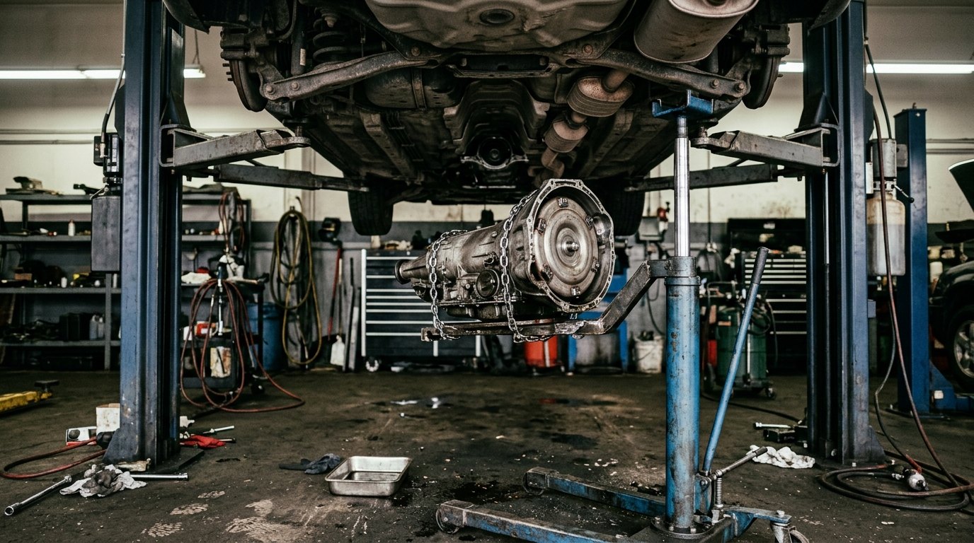 Illustrated — a transmission chained onto an under-hoist transmission jack beneath a car on the lift