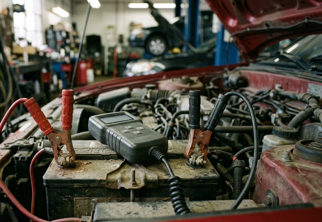 Illustrated — battery tester clamps on the terminals of a car battery in an open engine bay